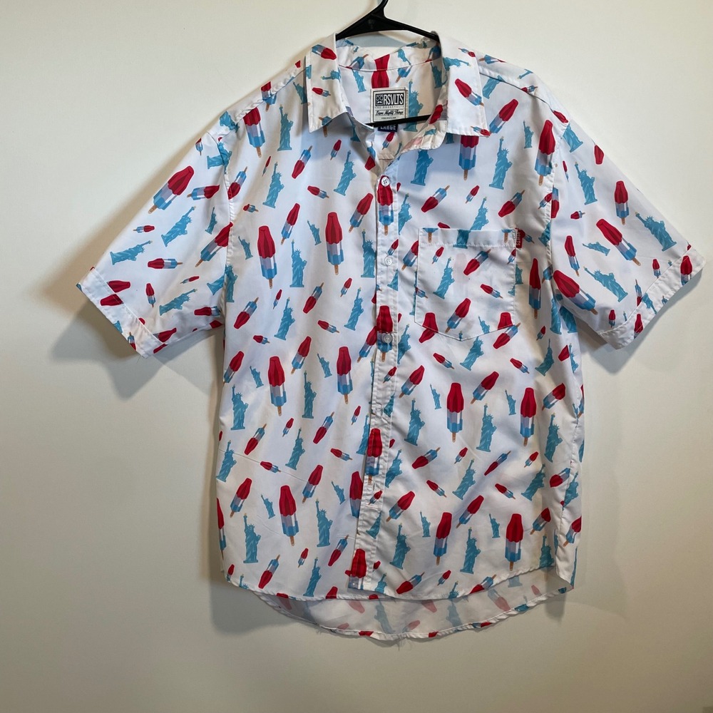 RSVLTS Mens Large Statue of Liberty Bomb Pop Patriotic Button Down‎ Shirt White